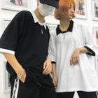 Mock Two-piece Elbow-sleeve Collared T-shirt