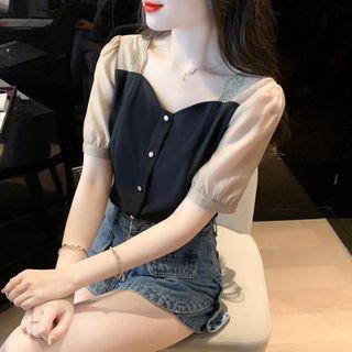 Puff-sleeve Embroidered Paneled Blouse