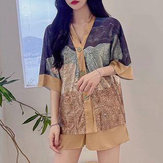 Loungewear Set : Contrast Trim Gradient Shirt + Shorts