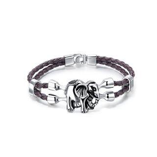 Simple Personality Elephant Brown Double-layer Leather Bracelet Silver - One Size