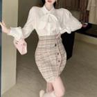 Bow Accent Shirt / Tweed Mini Skirt