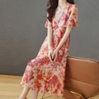 Short Sleeve Lace Trim Floral Chiffon Midi A-line Dress