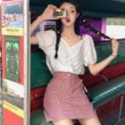 Short-sleeve Blouse / Gingham A-line Skirt