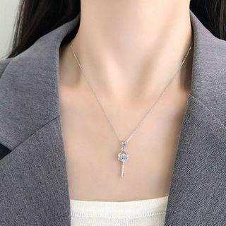 925 Sterling Silver Rhinestone Key Pendant Necklace As Shown In Figure - One Size