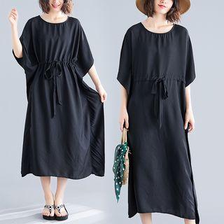Elbow-sleeve Tie Waist Midi Dress Black - One Size