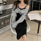 Off-shoulder Twisted Crop Top / Spaghetti Strap A-line Dress