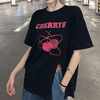 Short-sleeve Cherry Print Slit T-shirt