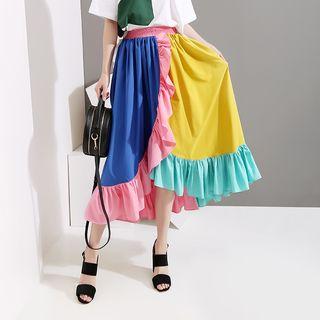 Color Block Midi A-line Skirt As Shown In Figure - One Size
