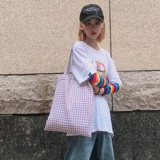 Plaid Tote Bag Gingham - Purple & White - One Size