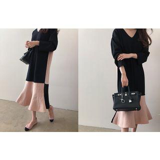 Ruffle-hem Color-block Knit Dress