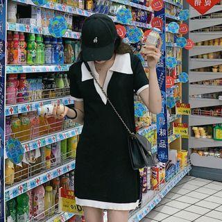 Short-sleeve Collared Knit Mini Sheath Dress Black - One Size