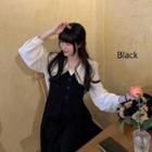 V-neck Pleated Pinafore Dress + Lace-neck Shirt