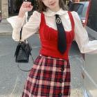 Bell-sleeve Collared Blouse / Neck Tie / Vest / Plaid Mini A-line Skirt