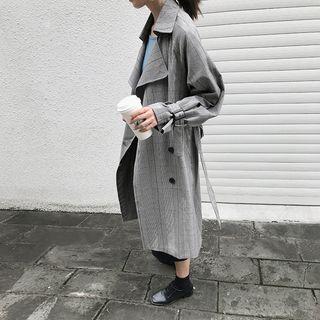 Double-breasted Plaid Long Jacket With Sash
