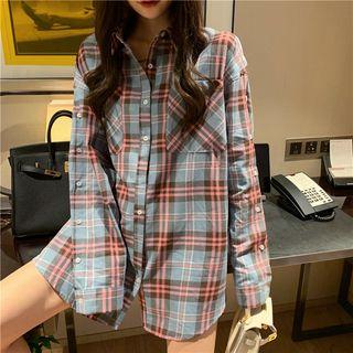 Off-shoulder Long-sleeve Plaid Blouse Blue - One Size