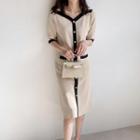 Short-sleeve V-neck Contrast Knit Dress
