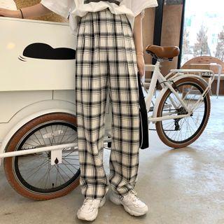 Plaid High-waist Straight-leg Pants