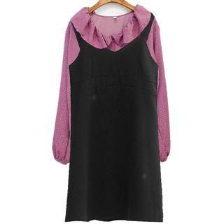 Ruffle Trim Long-sleeve Blouse / Strappy A-line Dress