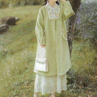 Long-sleeve Floral Embroidered Collar Woolen Coat