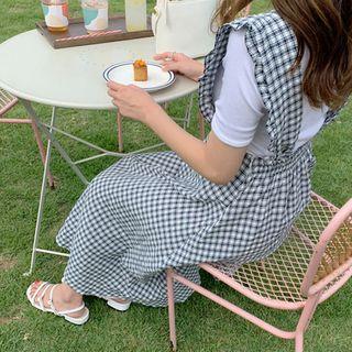 Frilled-trim Checked Jumper Dress Dark Navy Blue - One Size
