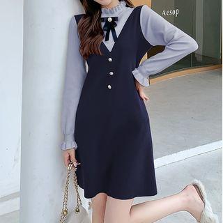 Mock Two-piece Ruffle Trim Knit Mini A-line Dress