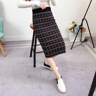 Midi Plaid Sheath Knit Skirt Plaid - Black - One Size