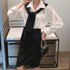 Set: Shawl Collar Shirt + Ribbed A-line Skirt