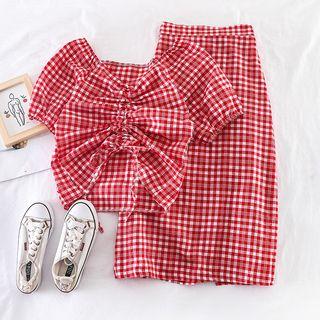 Set: Plaid V-neck Top + Midi Skirt