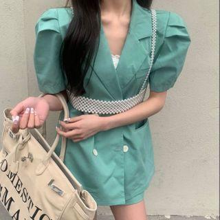 Puff-sleeve Blazer / High-waist Wide-leg Shorts / Faux Pearl Vest / Set