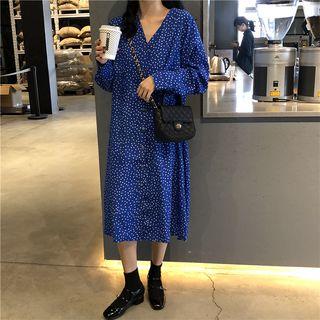 Dotted Long-sleeve Midi Dress White Dots - Blue - One Size