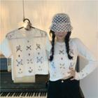 Long-sleeve Floral Embroidered Knit Top White - One Size
