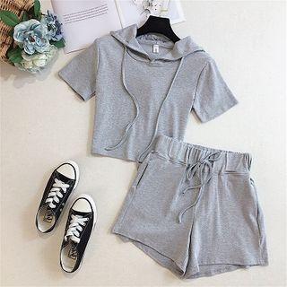 Set: Hooded Short-sleeve Cropped T-shirt + Drawstring-waist Shorts
