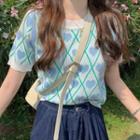 Short-sleeve Heart Print Knit Top Blue - One Size