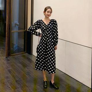 V-neck Long-sleeve Dotted Midi A-line Dress