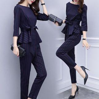 Set: 3/4-sleeve Striped Frill Trim Top + Dress Pants