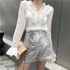 Plain Ruffle Long-sleeve Blouse / Sequined High-waist Shorts