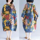 Long-sleeve Leaf Print Midi Dress Multicolor - One Size