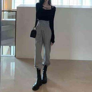 Set: Long-sleeve Top + High-waist Wide-leg Pants