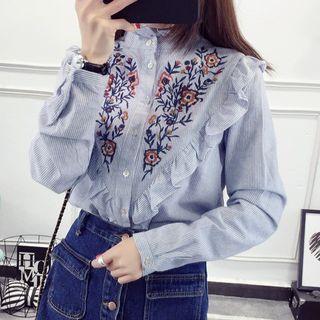 Embroidered Frill Trim Striped Shirt
