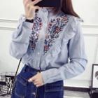 Embroidered Frill Trim Striped Shirt