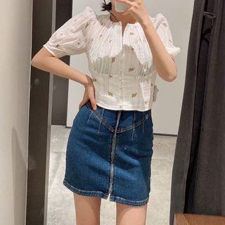Puff-sleeve Floral Embroidered Cropped Blouse