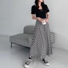 Drawcord Checked Flared Long Skirt