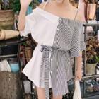 Elbow-sleeve Cold Shoulder Striped Panel A-line Dress