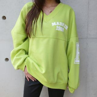 V-neck Letter-printed Fleece-lined Pullover