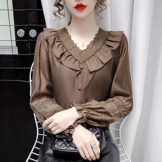 V-neck Lace Trim Ruffled Blouse