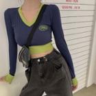 Long-sleeve Number Print Cropped T-shirt Blue & Green - One Size