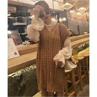 Mock Neck Blouse / Sleeveless Cable-knit Mini Dress