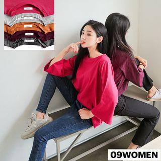 Plus Size Cropped Wide-sleeve Stripe T-shirt