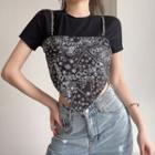 Short-sleeve Chain-accent Paisley Print Cropped T-shirt