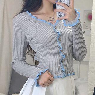 Ruffle Trim Button-up Knit Top Gray - One Size